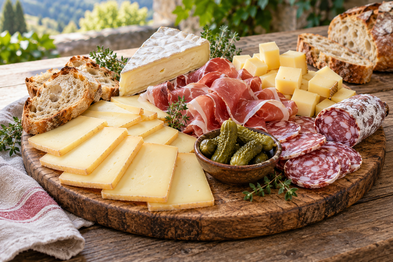 Présentation de fromages et charcuterie sur un plateau